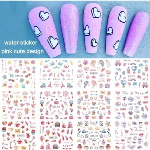 12pcs Cute Stickers Nail Art Sliders Accessories Pink Lovely Water Transfer Decal For Manicuring Nail Watermark NFBN1705-1712