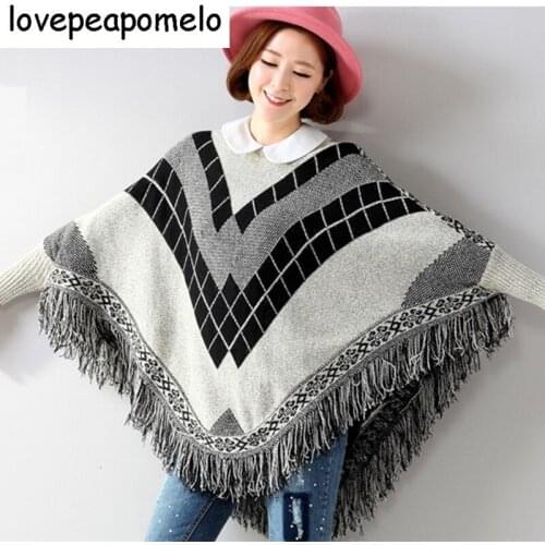 Europe And The United States Foreign Trade New Loose Women Fringe Bat Sleeve Shawl Cloak Pullover Knitted Sweater D151