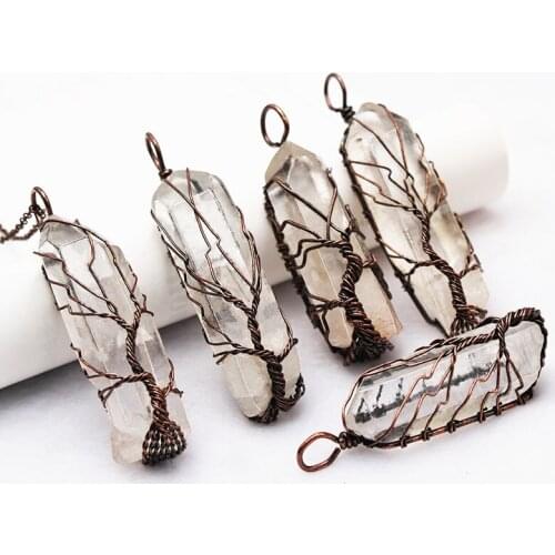 Natural White Crystal Pillar Pendants Handmade Antique Copper Wire Wrapped Tree of Life Wholesale 6Pcs/Lot for Necklace Jewelry