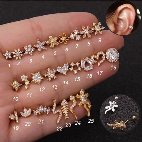 25Pcs/Lot Helix Piercing Jewelry Conch Rook Lobe Tragus Stud New Rose Gold Color Plants And Animals Cz Cartilage Earring