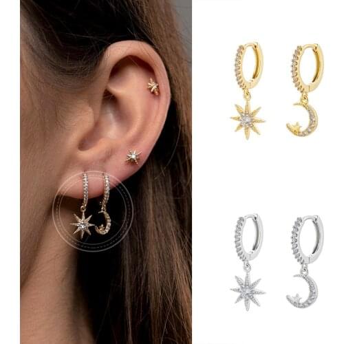 925 Silver Star and Moon Pendant Ladies Hoop Earrings Crystal Charm Fashion Minimalist Earrings Prom Party