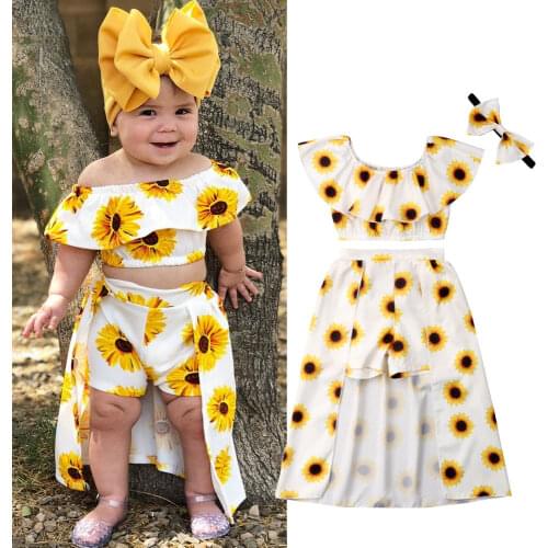 FOCUSNORM Lovely Children Baby Girls Sunflower Clothes Sets Off shoulder Crop Tops Skirted Shorts Headband 3PCS Outfits 0-5Y