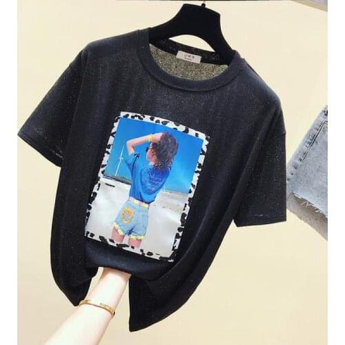 Zuolunouba Summer T-shirts Women Short Sleeve Harajuku Fashion Sticker Stitching Sequins Figures Sequined Lady Tops Tees O-neck