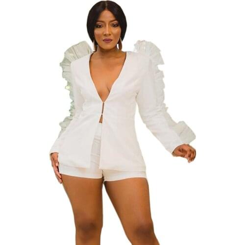 Women Business Short Suits Ruffle Long Sleeve V-neck Blazer Coat and Shorts Suit Office Lady Two Piece Set Sexy Club Outfits