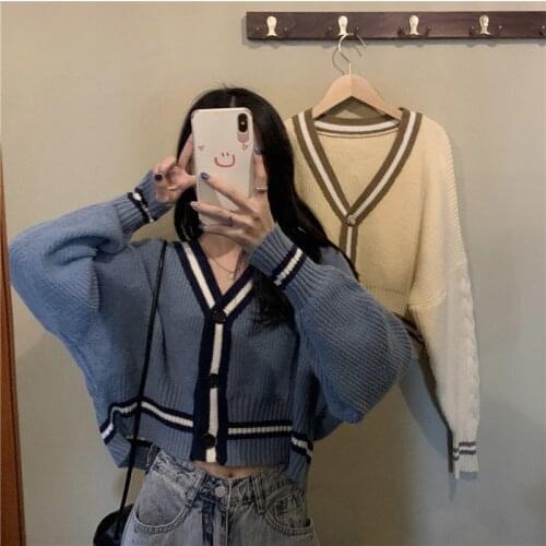 Striped Cardigan Women V-Neck Elegant Knitted Sweater Autumn Females Outwear Single Breasted Short Cardigan Korean Crop Top