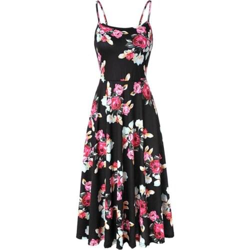 2021 Ladies Sexy Backless Halter Print Loose Sling Big Swing Sleeveless Floral Dress Casual Elegant Long A Word Robe Dress
