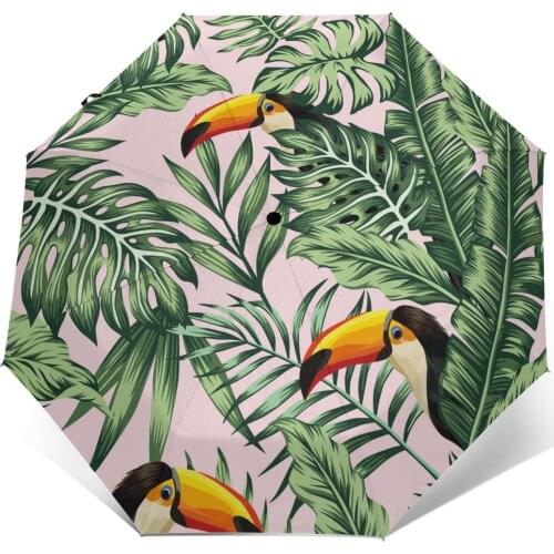 Sunny Umbrella Tropical Green Jungle Palm Monstera Leaves With Bird Toucan Automatic folding portable umbrella Sunscreen rain