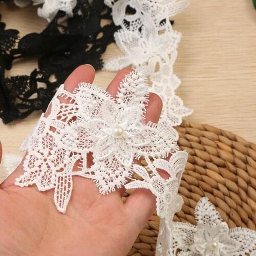 20Yards 10cm White Flowers Rose 3D Flower Black Pearls Wedding Lace Trim Embroidered Handmade Patchwork Ribbon Sewing Supplies