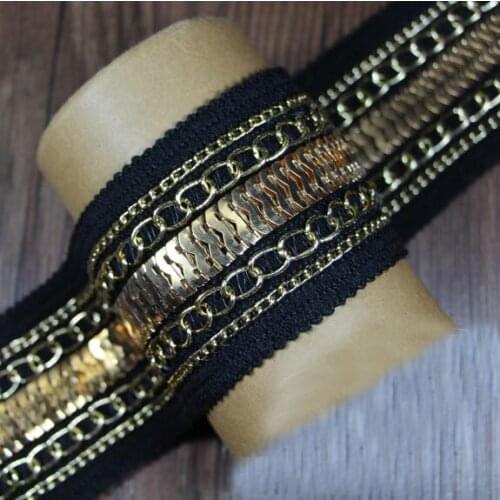 3Meters Black Braided Lace Ribbons Appliques Metal Chain Golden Chain Beaded Lace Trim DIY Craft Costume Dress Sewing Supplies