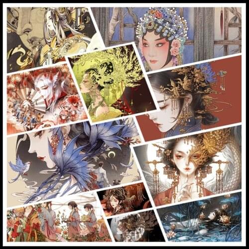 5D Diamond Painting Anime Chinese Style Ancient Style Creative Hand-Painted Half-Face Makeup Ancient Beauty Bedroom Decor Mural