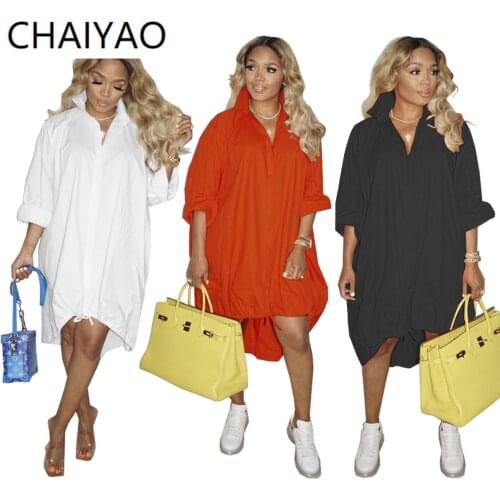 5WY6838 Autumn Fashion Deep V Neck Casual Single Breasted Loose Plus Size Midi Dress Women Harajuku Dress Women White Dress