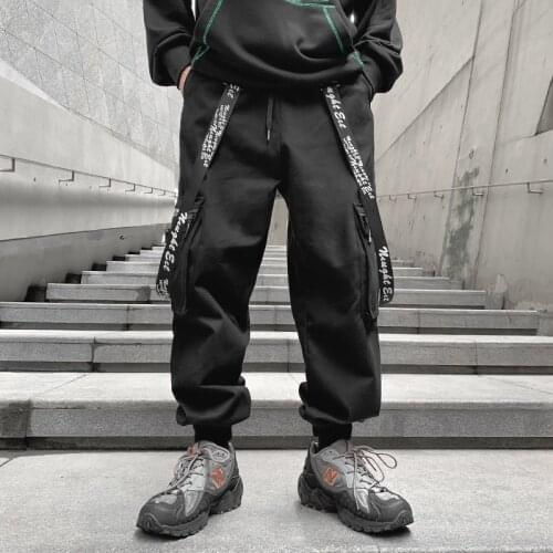 Men Ribbons Streetwear Cargo Pants Nice Autumn Hip Hop Joggers Pants Overalls Black Fashions Baggy Pockets Trousers Dropshipping