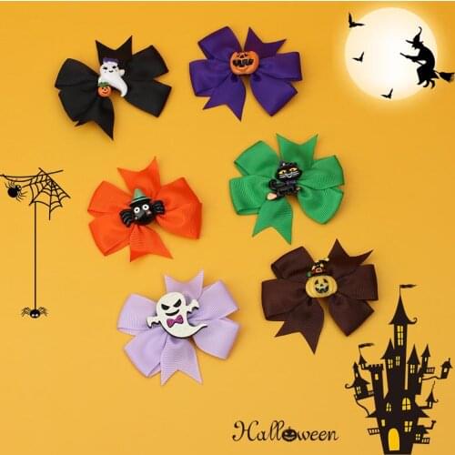 CN 20Pcs/lot 3" Mini Pinwheel Halloween Hair Bows With Clips For Girls Kids Ghost Pumpkin Hair Clips Hairpins Hair Accessories