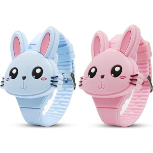 Kids Children Cute Cartoon Rabbit Shape Flip-Cover Silicone LED Digital Watch for Boys Girls Birthday Christmas New Year Gift