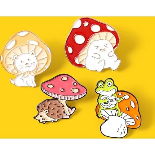 Cat Frog playing Mushroom Hedgehog Custom Enamel Pin Brooches Shirt Lapel Cartoon Animal forest Badge Jewelry Gift for Kids