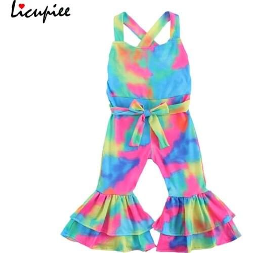 Colorful Young Girls Bodysuit, Cross Strap Sling Bell-bottom Trousers Bow-tie Cloth Belt for Summer and Late Spring 1-6 Years