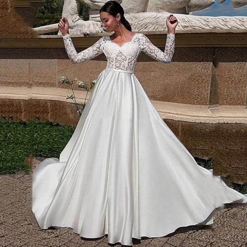 Country Lace Long Sleeves Wedding Dresses 2020 Satin A Line Bridal Gowns Custom Made Appliques Vestidos De Novia Bride Dress