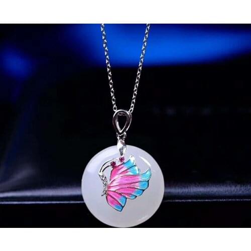Hetian White Jade Silver Inlay Pendant White Jade Blue Butterfly Pendant h14