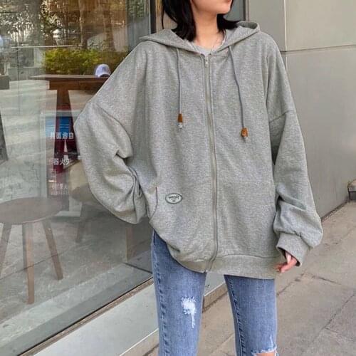 Womens Boyfriend Jacket Harajuku Vintage Style Solid Color Long Sleeve Zipper Sweatshirt Coats Big Super Loose Outwear FW2021