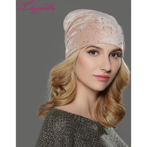 LILIYABAIHE Women Autumn And Winter Hat Girls Hats For Women Skullies Beanies Fluff Caps Small flash drill popular decoration