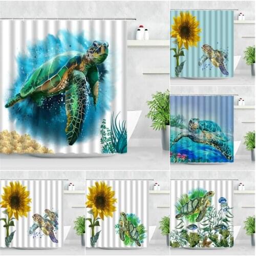 Sea Turtle Shower Curtains Ocean Animals Sunflower Green Leaf Creative Water Color Art Modern Waterproof Bathroom Decor Curtain