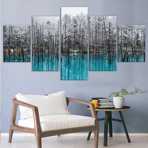 Wall Art Hoarfrost Landscape Pictures Lake Abstract Poster 5 Panels HD Prints Canvas Painting Home Decor for Living Room framed