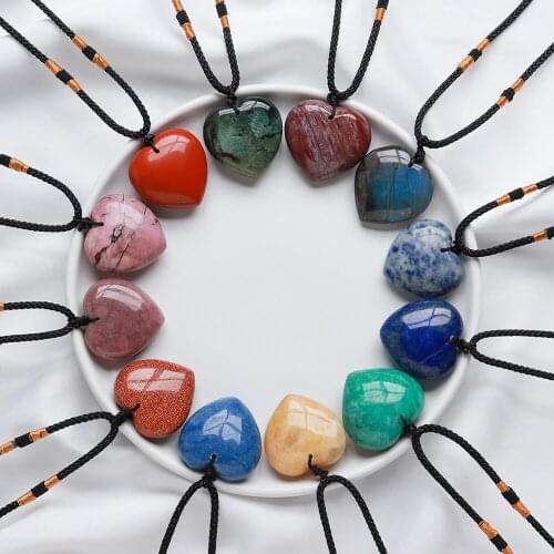 Natural Stone Heart Necklace 3cm Reiki 7 Chakra Amethyst Pendants Charm Healing Rose Quartz Crystals Gems Black Rope Necklace