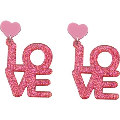 New Lovely Pink Glitter Letters LOVE Acrylic Drop Earrings for Women Girl Exaggerated Long Dangle Earrings Fashion Party Jewelry