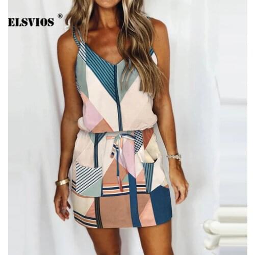 Summer Fashion Printing Dress Womens Casual Loose Drawstring Lace-Up Striped Sundress Pocket V-Neck Sling Mini Dresses Vestidos