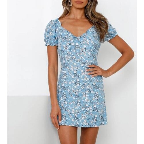 Dresses For Women 2021 V Neck Frill Edged Short Puff Sleeve Chiffon Floral Mini Dress Summer Boho Beach Dress Vacation Sundress