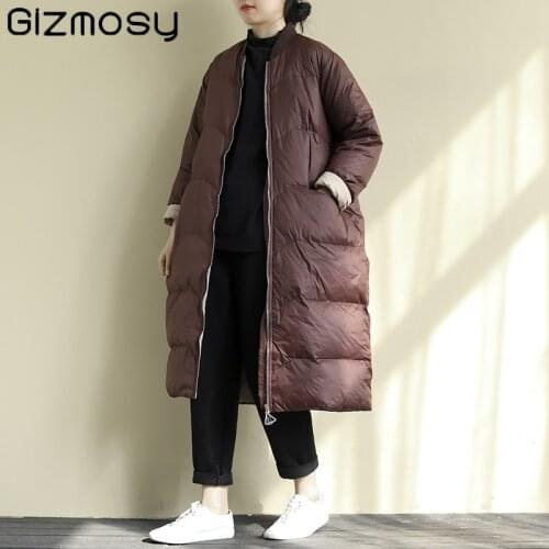Gizmosy 2021 New Winter White Duck Down Jacket Women Zipper Loose Down Long Puffer Coat Loose Parkas Female Warm Snow Outwear