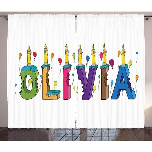 Olivia Curtains Colorful Balloons with Cartoon Style Composition Letter Cake Girl Name Illustration Living Room Bedroom Window