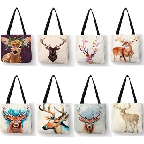 SY0056 Color Drawing Sika Deer Print Shopping Bags for Women Lady Large Capacity Handbags Totes School Travel Shoulder Bags