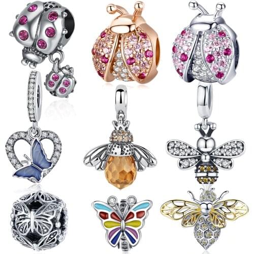 WOSTU Ladybug Bee Butterfly Charms Real 925 Sterling Silver Zircon Insect Beads Pendant Fit Orginal Bracelet Necklace Jewelry