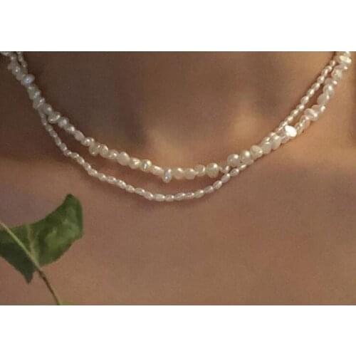 2 strands 3mm rice pearl 6x7mm white baroque Pearl necklace gold clasp natural Freshwater PEARL Women Jewelry 17'' 43cm 35cm