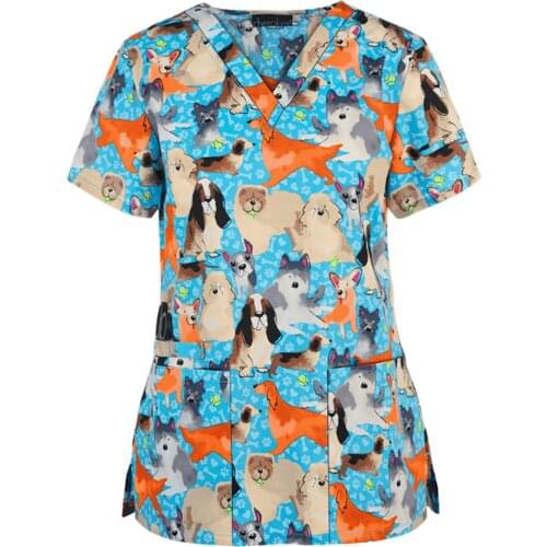 2021 Womens Short Sleeve Blouse V-neck Tops Working Uniform Red Heart Print Blouse Pocket Ladies Overalls Nurse Accessories