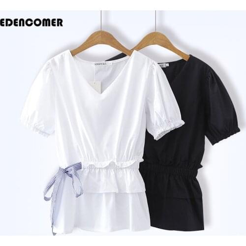 Large Size Womens Spring and Summer New Blouses 2021 Loose-fitting Waist Short-sleeved Sleeve Head Bow Short Sleeve Shirts