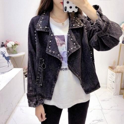 Korean Style Female Denim Jacket Loose Fit Casual Coats Personality Rivets Punk Jackets Zippers Blue Tops Black Jeans Outerwear