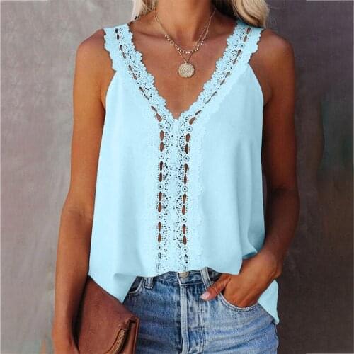 2021 Summer New Fashion Loose Solid Color Casual Sexy V Neck Sleeveless Ladies Tops Tanks Lace Basic T Shirt Womens Tops