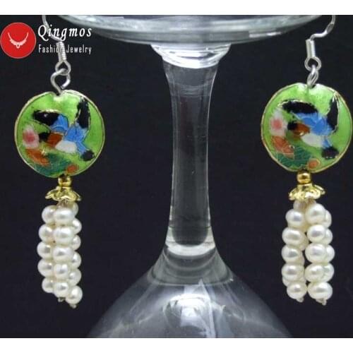 Qingmos 4-5mm Natural White Pearl Earrings for Women with Green Cloisonne Coin Beads & Cloisonne Hummer Dangle 2.5'' Earring 524
