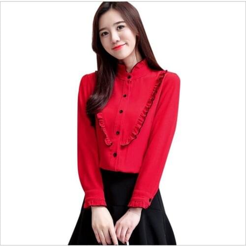 Women Spring Shirts 2019 New Fashion Women Short Shirts Office Lady Wear Work Long Sleeve Tops Female Stand-Collar Blouses Q1211