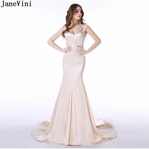 JaneVini Elegant Champagne Long Bridesmaid Dresses Strapless Satin Beading Backless Mermaid Formal Women Prom Gowns Vestido Dama