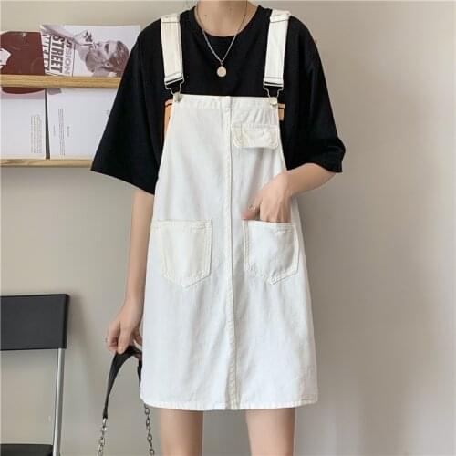 Plus size 5XL Denim Strap Dress Women 2021 Summer Korean Loose Sleeveless Ladies Dress Black White Casual Student Streetwear