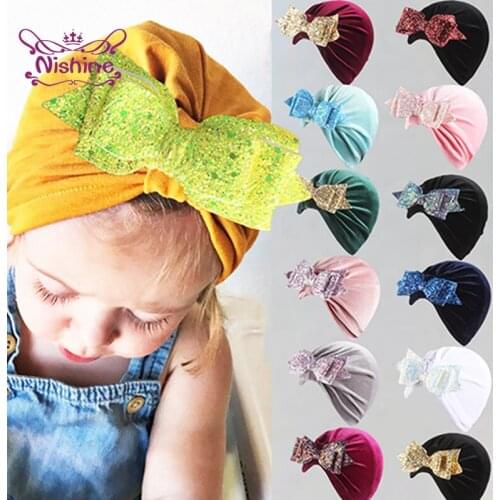 1 PCS 18*14 CM Comfortable Soft Gold Velvet Toddler Hats Three Layer Colorful Sequins Bowknot Infant Caps Fashion Bows Turban