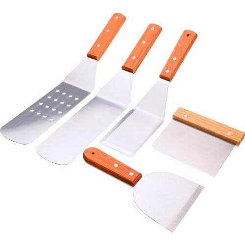 5Pcs Metal BBQ Spatula Set Stainless Steel Grill Turner Cutter With Wood Handle For Kitchen Cooking Utensils Accessories