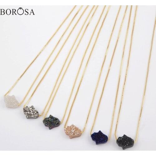 BOROSA 5Pcs High Quality Palm Shape Rainbow Titanium Natural Druzy Adjustable 16.5-17inch Chain Pendant Necklace Jewelry G1891