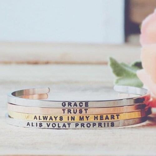 Stamped "ALWAYS IN MY HEART" Mantr Bracelet Open Cuff Inspiration Stainless Steel Bangle Customization For Your Logo 10pcs/lot