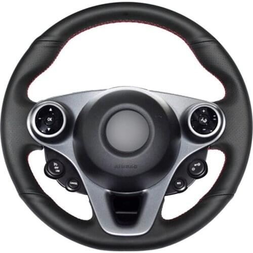 Black Artificial Leather Hand-stitched No-slip Car Steering Wheel Cover for Smart New Fortwo Forfour 2015-2017