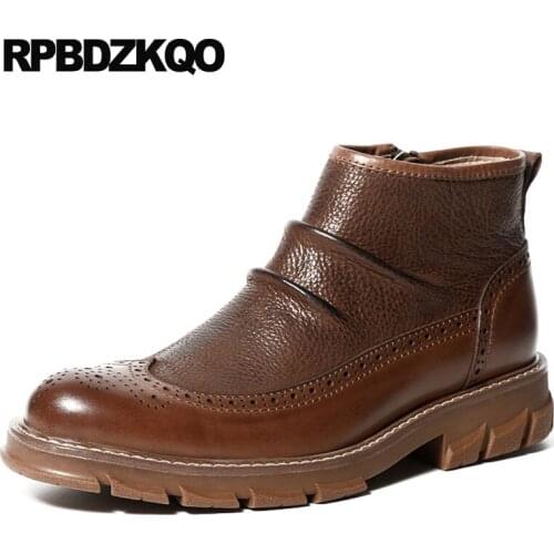 Black genuine leather brogue booties winter men boots with fur autumn italian warm full grain zipper shoes brown faux wingtip