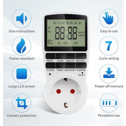 Electronic Digital Timer Switch EU FR BR Plug Kitchen Timer Outlet 230V 50HZ 7 Day 12/24 Hour Programmable Timing Socket Control